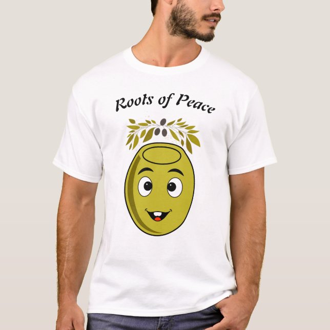 Smiling Olive T-Shirt with "Roots of Peace" text. (Vorderseite)