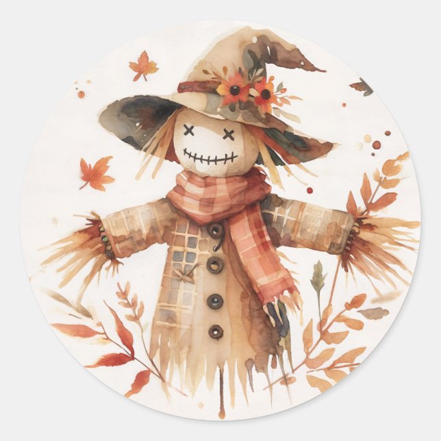 Smiling Scarecrow Autumn Watercolor Runder Aufkleber (Vorderseite)