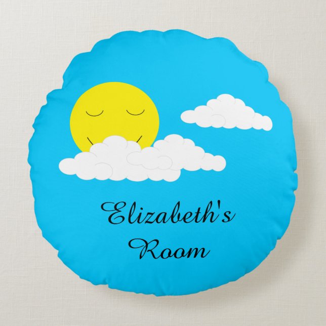 Smiling Sun with Clouds: Turquoise Rundes Kissen (Vorderseite)