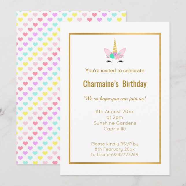 SMILING UNICORN RAINBOW HERZ GOLD 2 EINLADUNG (Vorne/Hinten)