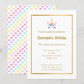 SMILING UNICORN RAINBOW HERZ GOLD 2 EINLADUNG