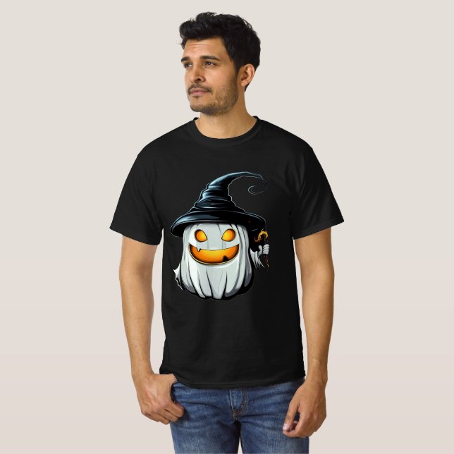 Smiling White Pumpkin Witch Design T-Shirt (Vorne ganz)
