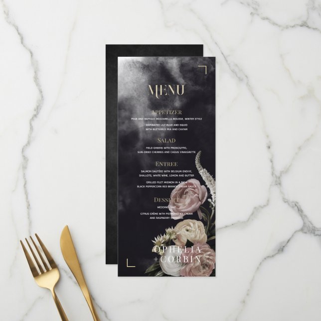 Smokey Dark Black Rose Bouquet Wedding Menükarte (Vorderseite/Rückseite Beispiel)