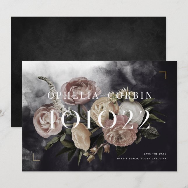 Smokey Dark Black Rose Bouquet Wedding Save The Date (Vorne/Hinten)
