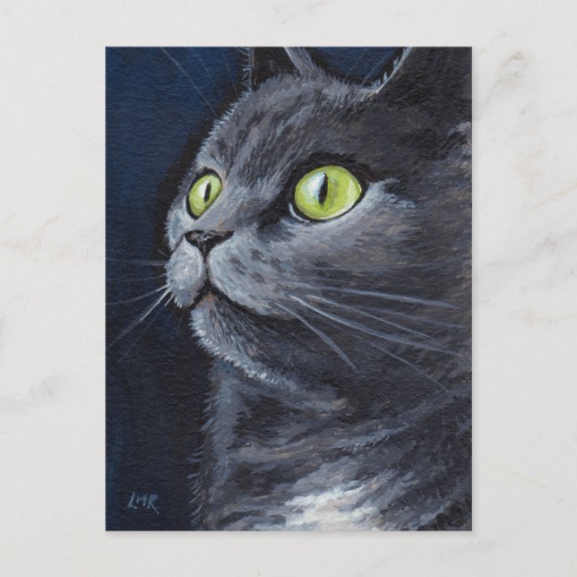 Smokey | Green Mit Augen Blue Gray Cat Portrait Postkarte (Vorderseite)
