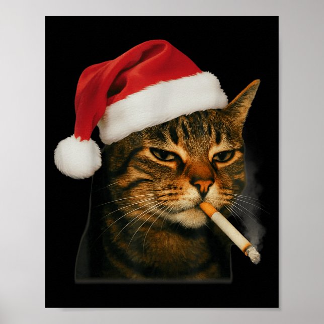 Smoking Cat Cigarette Christmas Santa Hat Cat Meme Poster (Vorne)