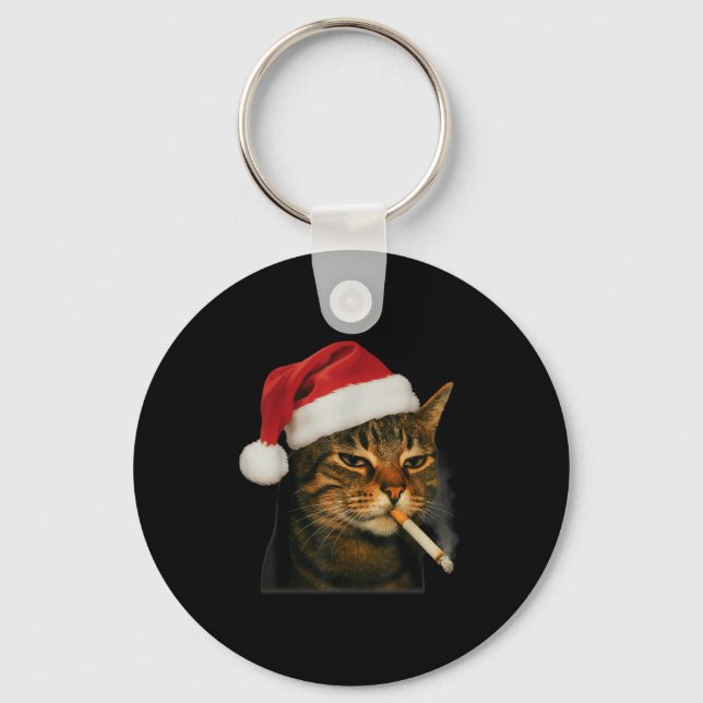 Smoking Cat Cigarette Christmas Santa Hat Cat Meme Schlüsselanhänger (Vorderseite)