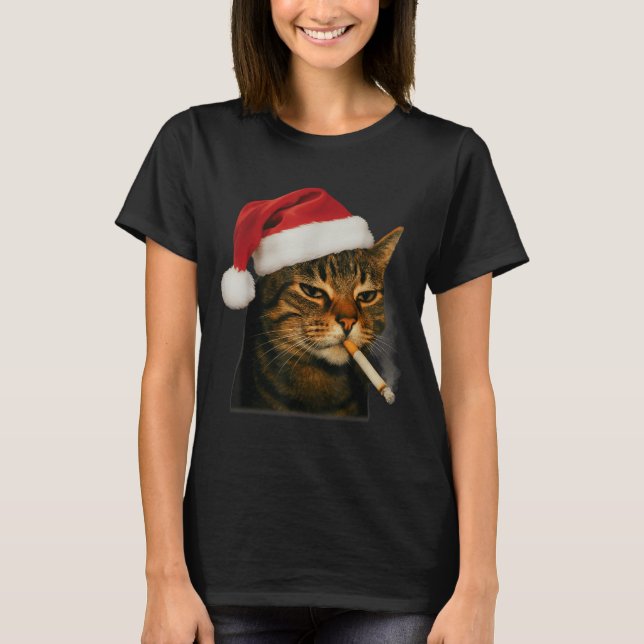 Smoking Cat Cigarette Christmas Santa Hat Cat Meme T-Shirt (Vorderseite)