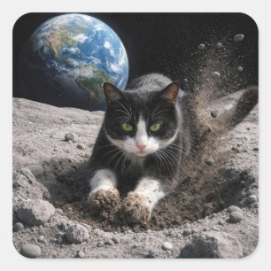 Smoking-Cat-Gräbt-einen-Mondkrater Quadratischer Aufkleber