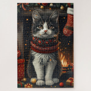 Smoking Cat mit Weihnachtsgeschenken Kamin