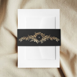 Smoking & Gold Botanischer Kranz Monogramm Hochzei Einladungsbanderole
