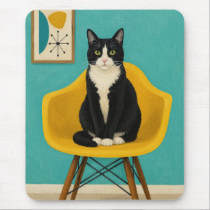 Smoking-Katze auf gelbem Mid-Century-Stuhl Mousepad