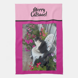 Smoking-Katze Frohe Katznachten Rosa Weihnachtskat Geschirrtuch