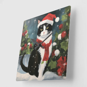 Smoking-Katze im Schnee Weihnachten Quadratische Wanduhr