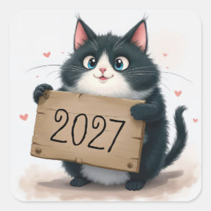 Smoking-Katze mit 2027 Neujahrs-Schild Quadratischer Aufkleber