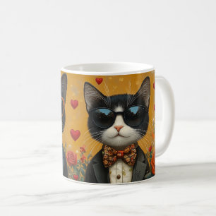 Smoking-Katze mit Herzrosen Valentinstag Kaffeetasse
