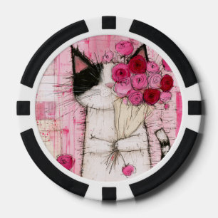 Smoking-Katze mit rosa Rosenstrauß Pokerchips