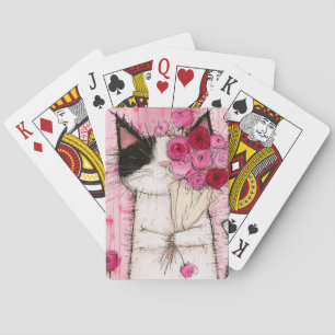 Smoking-Katze mit rosa Rosenstrauß Spielkarten