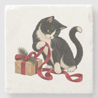 Smokingkatze mit roter Geschenkschleife Steinuntersetzer