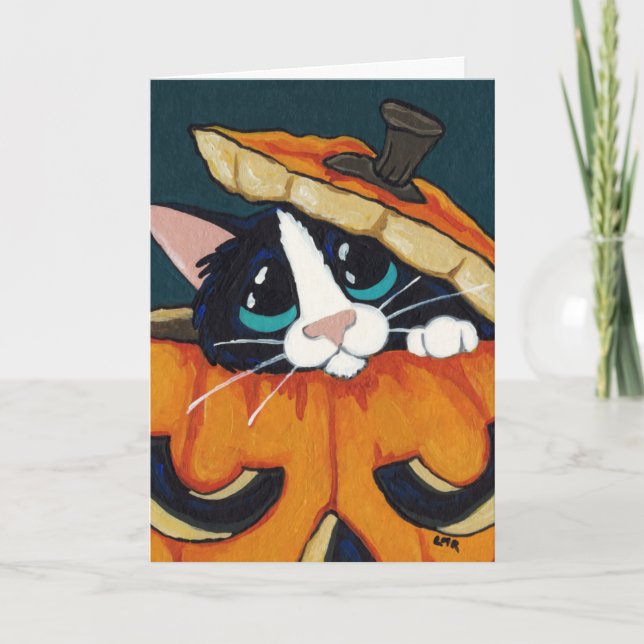 Smokings-Katze in Halloween-Kürbis Karte (Vorderseite)