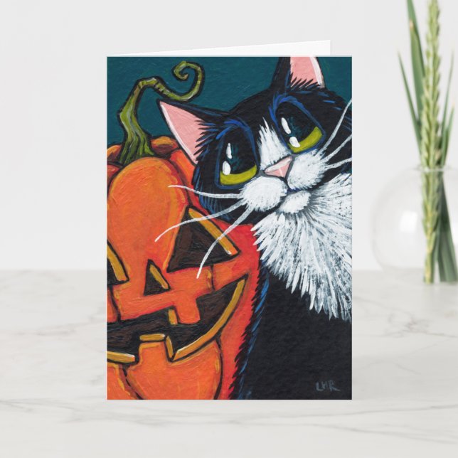 Smokings-Katze und lächelnde Kürbis-Laterne Karte (Vorderseite)