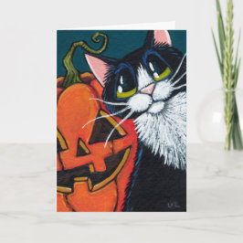 Smokings-Katze und lächelnde Kürbis-Laterne Karte