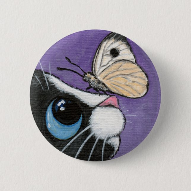 Smokings-Katze und weiße Schmetterlings-Malerei Button (Vorderseite)