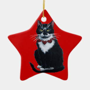 Smokingskatze mit Herzkragenverzierung Keramik Ornament
