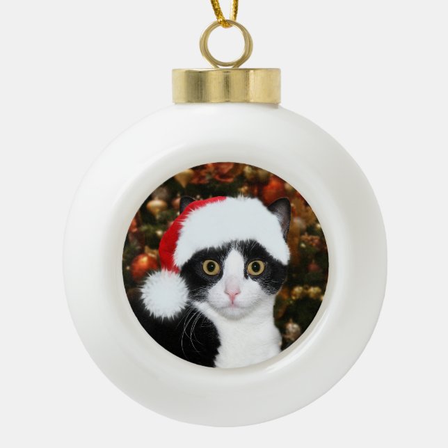 Smokingskatze Weihnachten Keramik Kugel-Ornament (Vorderseite)