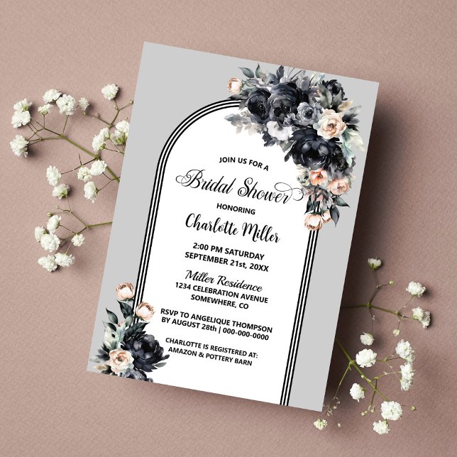 Smoky Black Floral Arch Brautparty Einladung (Von Creator hochgeladen)