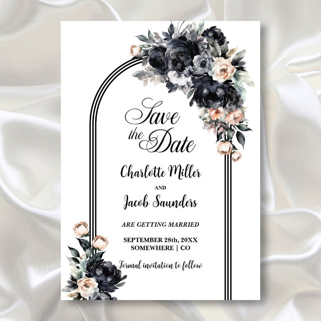 Smoky Black Floral Arch Wedding Save the Date (Von Creator hochgeladen)