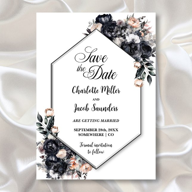 Smoky Black Floral Geometric Wedding Save the Date (Von Creator hochgeladen)