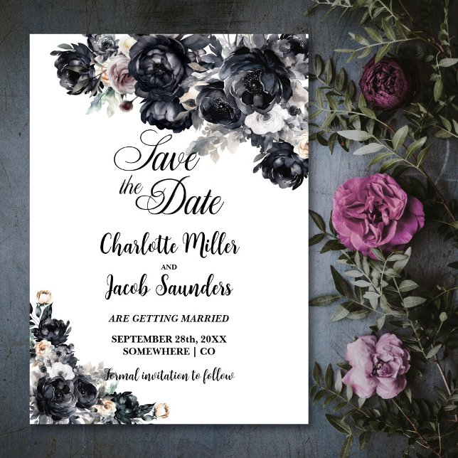 Smoky Black Floral Wedding Save the Date (Von Creator hochgeladen)