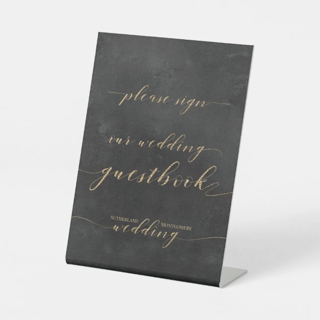 Smoky Black & Gold Elegante Wedding Guest Book Sockelschild (Vorderseite)