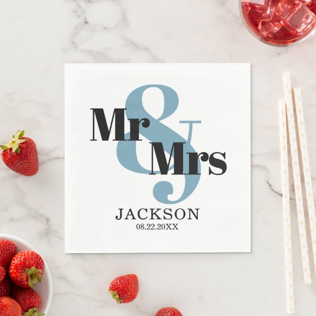 Smoky Blue and Black Mr & Mrs Wedding Serviette (Beispiel)
