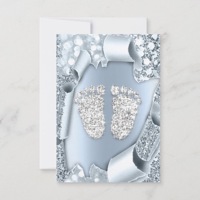 Smoky Blue Baby Shower Feet Boy Girl 3d Glitzer Einladung (Rückseite)