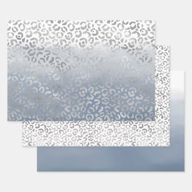 Smoky Blue White Ombre Silver Glam Leopard Print Geschenkpapier Set (Set)