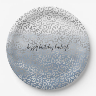 Smoky Blue White Ombre Silver Glam Leopard Print Pappteller