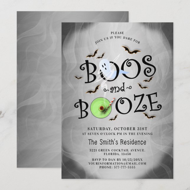 Smoky Gray Boos & Booze Halloween-Party Einladung (Vorne/Hinten)