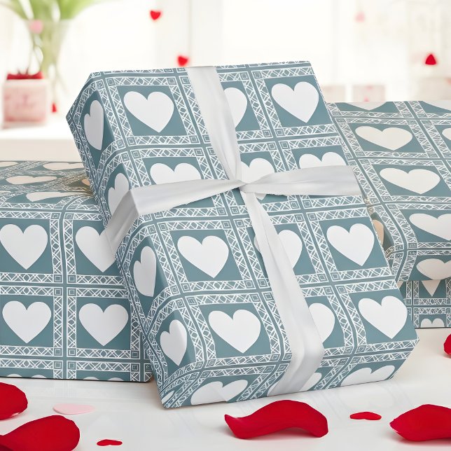 Smoky Teal Geometric Hearts Valentine Gift Geschenkpapier (Von Creator hochgeladen)