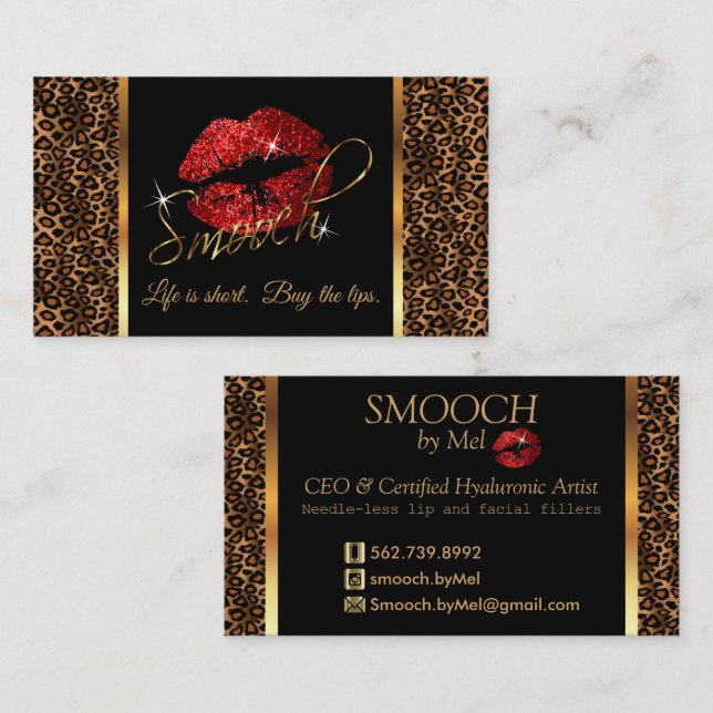 Smooch - Makeup Artist mit Leopard und Roten Lippe Visitenkarte (Vorne/Hinten)