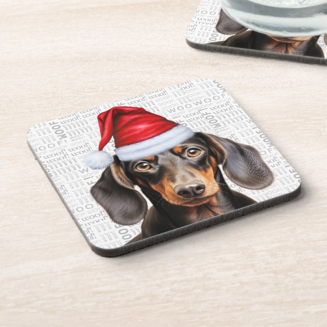 Smooth Coat Dachshund Dog in a Santa Hat Holiday Getränkeuntersetzer (Linke Seite)