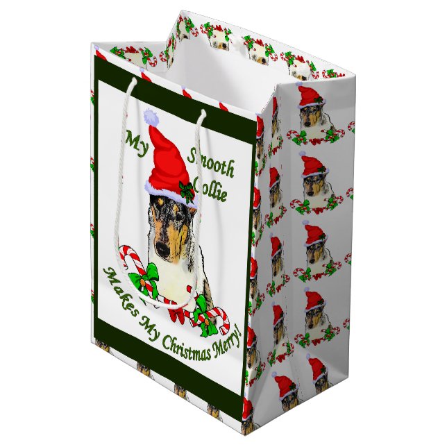 Smooth Collie Christmas Merry Mittlere Geschenktüte (Vorderseite Schrägansicht)