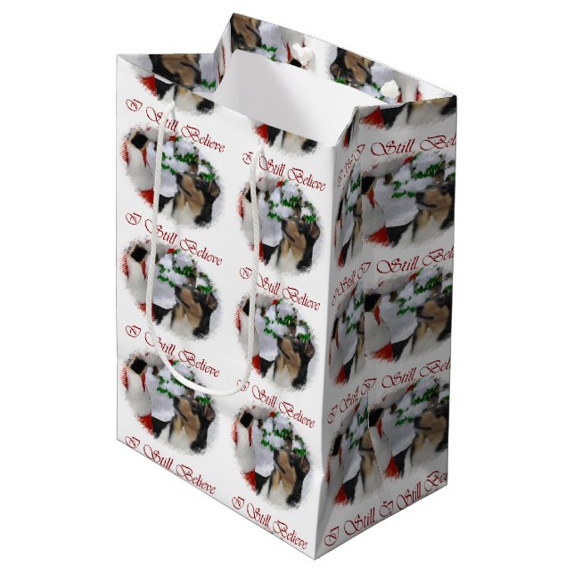 Smooth Collie Christmas Mittlere Geschenktüte (Vorderseite Schrägansicht)