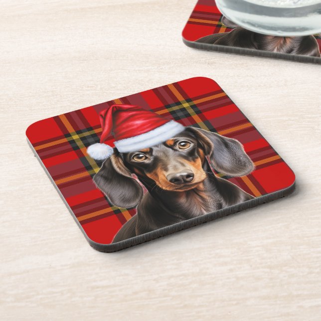 Smooth Dachshund with Red and Green Holiday Plaid Getränkeuntersetzer (Linke Seite)