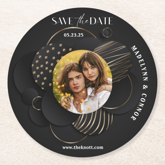 Smooth Script Vertikales Foto Save the Date  Runder Pappuntersetzer (Vorderseite)