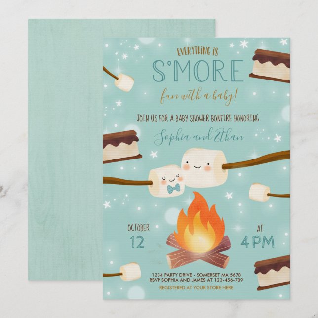 S'more Blue Boy Bonfire Babydusche Einladung (Vorne/Hinten)