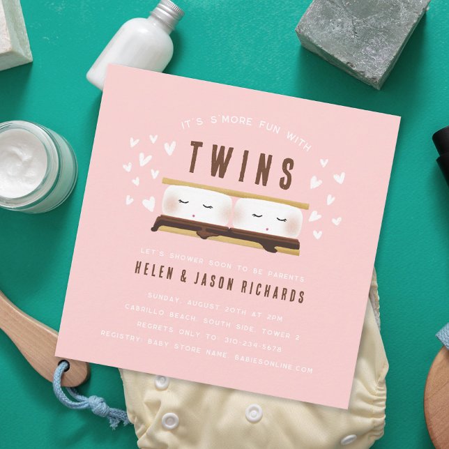 S'more fun with Twins Baby Shower Pink Einladung (Von Creator hochgeladen)