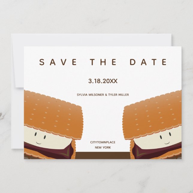 S'more Illustration Whimsical Wedding White Brown Save The Date (Vorderseite)