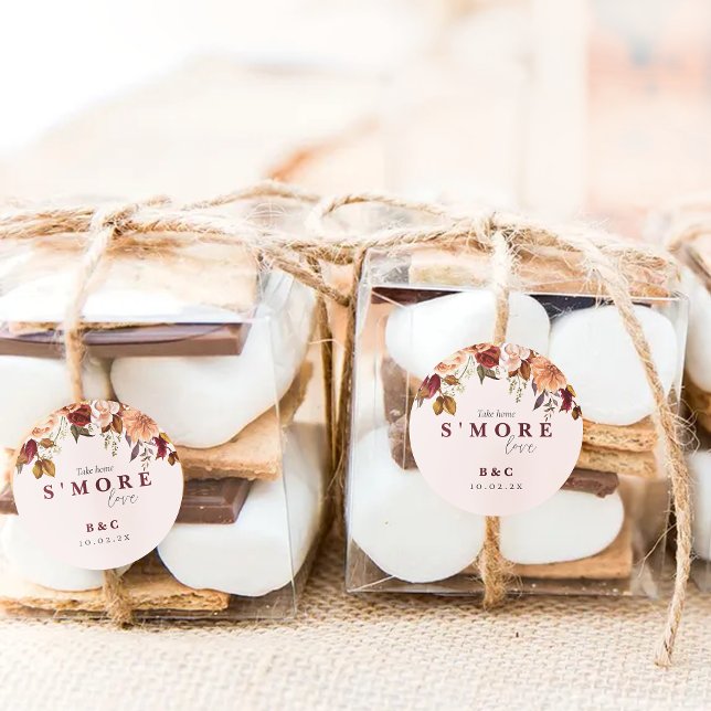 S'more love Fall Wedding Favor Runder Aufkleber (Take home s'more love!mockup image shows the floral fall smore favor sticker on boxes of smores)